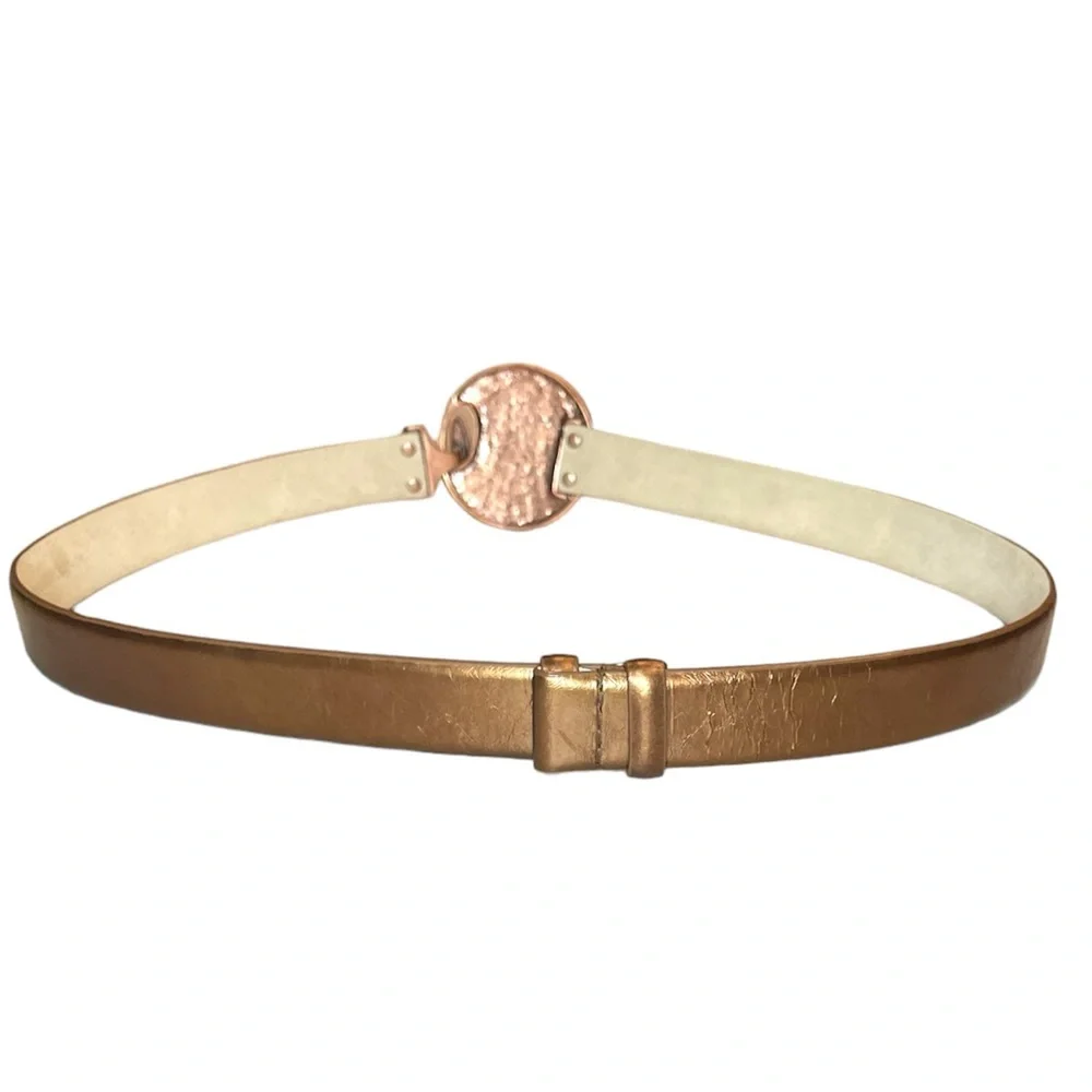 Chicos Adjustable Leather Belt Copper Medallion Bronze Belt Sz SM